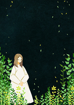 PSD 식물 계절 여자 백그라운드 일러스트 밤하늘 나뭇잎 한명 상반신 성인 국내일러스트 1 잎 하늘 사람 야간 파일형식