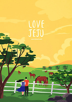 전신 나무 여자 남자 여행 일러스트 초원 성인 두명 관광지 울타리 제주도 목장 말_동물 감성 국내여행 국내일러스트 AI파일 식물 컨셉 포유류 한국 사람 담장 파일형식 벡터