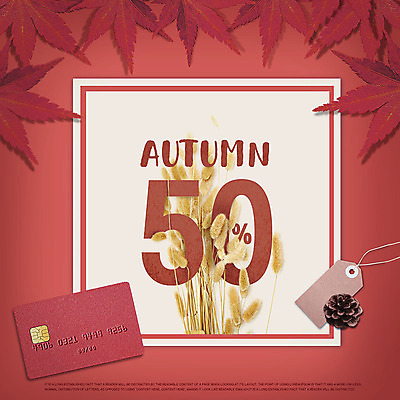 PSD 편집이미지 단풍 사람없음 빨간색 숫자 꼬리표 세일 가을 신용카드 가격표 솔방울 강아지풀 50% 이미지편집 식물 문자 계절 컬러 잎 금융 라벨 퍼센트 한해살이풀 파일형식