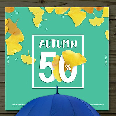 PSD 편집이미지 우산 나뭇잎 사각프레임 사람없음 숫자 세일 가을 물방울 은행잎 50% 이미지편집 문자 계절 잎 프레임 사각형 퍼센트 파일형식