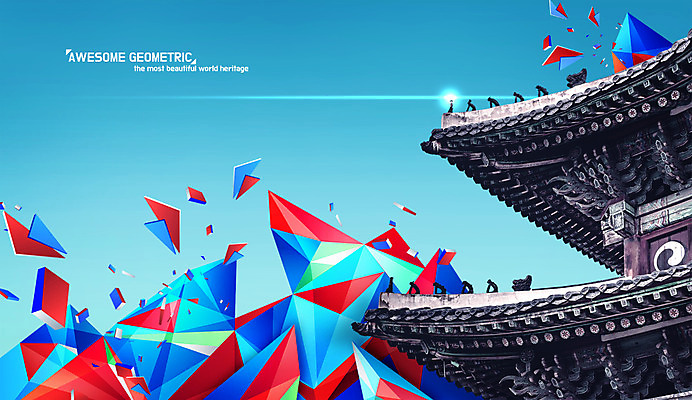 PSD 편집 포스터 조각 고건축 일러스트 한옥 사람없음 관광지 컬러풀 경복궁 랜드마크 어처구니 폴리곤 지오메트릭 로우폴리 국내일러스트 한국전통 건축물 컬러 여행 한국 궁전 파일형식