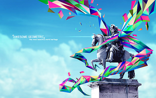 PSD 편집 포스터 조각 일러스트 사람없음 관광지 컬러풀 프랑스 파리_프랑스 베르사유 기마상 베르사유궁전 폴리곤 지오메트릭 로우폴리 국내일러스트 유럽 컬러 여행 조각상 궁전 파일형식