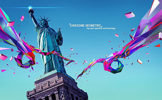 PSD 편집 포스터 조각 일러스트 사람없음 관광지 컬러풀 미국 뉴욕 자유의여신상 랜드마크 폴리곤 지오메트릭 로우폴리 국내일러스트 컬러 여행 북아메리카 세계문화유산 파일형식