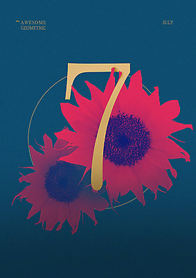 PSD 일러스트 해바라기 타이포그라피 사람없음 여름 숫자 원형 7월 7 지오메트릭 국내일러스트 도형 문자 계절 꽃 날짜 파일형식