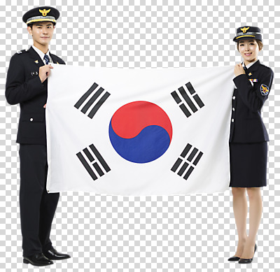 전신 편집 편집이미지 여자 남자 서기 들기 20대 성인 두명 앞모습 한국인 경찰 태극기 PNG 편집소스 직업 뷰포인트 모션 사람 동양인 청년 국기 파일형식