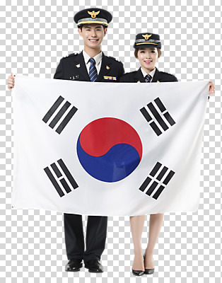 전신 편집 편집이미지 여자 남자 서기 웃음 들기 20대 성인 두명 앞모습 한국인 경찰 태극기 PNG 편집소스 직업 뷰포인트 모션 표정 사람 동양인 청년 국기 파일형식