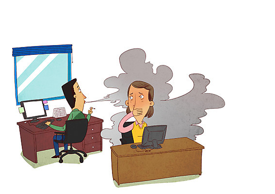 전신 PSD 여자 남자 일러스트 창문 흡연 담배 실내 상반신 성인 두명 컴퓨터 사무실 책상 냄새 담배연기 불쾌함 금연구역 국내일러스트 감정 가구 비즈니스 사람 내부 전자제품 연기 제한구역 파일형식