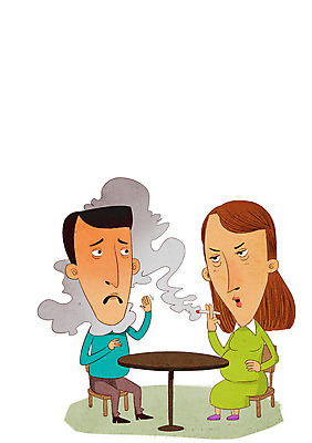 전신 PSD 여자 남자 일러스트 탁자 흡연 담배 성인 두명 임산부 위험 금연 담배연기 불쾌함 국내일러스트 감정 캠페인 가구 컨셉 사람 임신 연기 사회이슈 파일형식