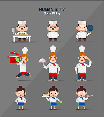 전신 캐릭터 여자 남자 일러스트 디저트 서양음식 여러명 성인 세트 중식 요리사 프라이팬 냄비 방송 식칼 폴리곤 킨포크 일러캐릭터 AI파일 직업 음식 다수 주방용품 사람 솥 파일형식 벡터