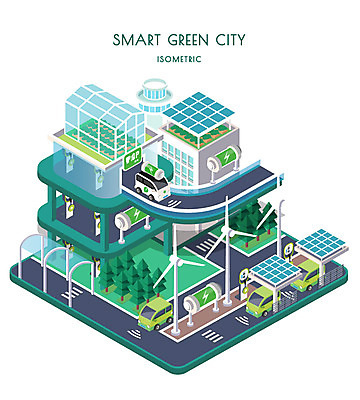 일러스트 빌딩 사람없음 도시 그린에너지 풍력에너지 친환경 태양에너지 집열판 아이소메트릭 온실 전기자동차 그린시티 국내일러스트 AI파일 자동차 건물 환경 에너지 파일형식 벡터 그린뉴딜