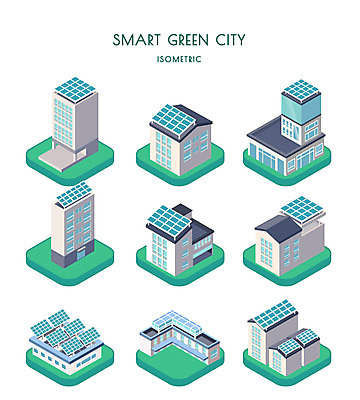 일러스트 빌딩 사람없음 건물 세트 그린에너지 친환경 태양에너지 아이소메트릭 국내일러스트 AI파일 건축물 환경 에너지 파일형식 벡터