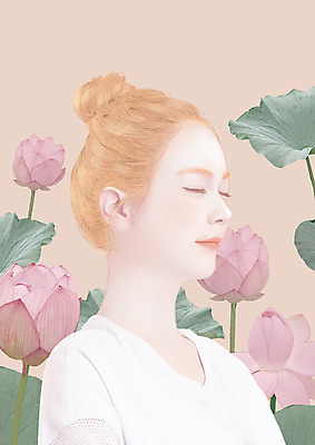 PSD 여자 꽃 일러스트 연꽃 한명 상반신 20대 성인 뷰티 한국인 감성 파스텔 성인여자한명만 국내일러스트 식물 1 컨셉 학용품 사람 동양인 청년 여자한명만 성인여자만 파일형식