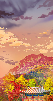 PSD 나무 구름 백그라운드 단풍 일러스트 하늘 산 한옥 사람없음 노을 가을 애니메이션 가을배경 국내일러스트 자연요소 식물 한국전통 계절 고건축 잎 파일형식 가을_계절