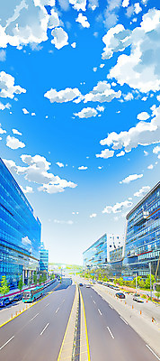 PSD 구름 도로 백그라운드 일러스트 자동차 하늘 버스 사람없음 건물 애니메이션 국내일러스트 자연요소 건축물 길 육상교통 교통시설 대중교통 파일형식