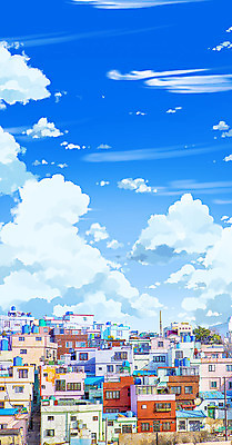 PSD 구름 백그라운드 일러스트 하늘 주택 사람없음 건물 애니메이션 달동네 국내일러스트 자연요소 건축물 마을 파일형식