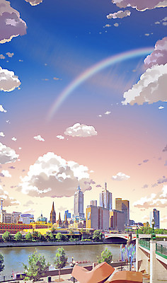 PSD 구름 백그라운드 무지개 일러스트 하늘 빌딩 사람없음 강 도시풍경 노을 도시 애니메이션 가교 국내일러스트 자연요소 건축물 풍경 건물 파일형식