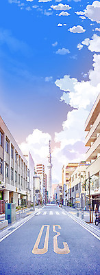 PSD 구름 도로 백그라운드 일러스트 하늘 사람없음 건물 애니메이션 국내일러스트 자연요소 건축물 길 교통시설 파일형식