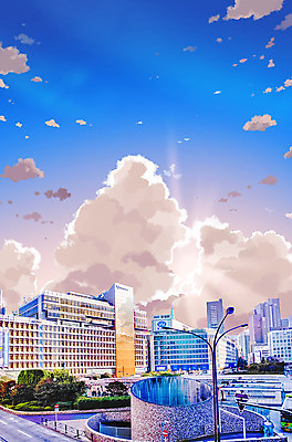 PSD 구름 백그라운드 가로등 일러스트 하늘 빌딩 사람없음 건물 도시풍경 도시 애니메이션 빌딩숲 국내일러스트 자연요소 건축물 공공시설 풍경 파일형식