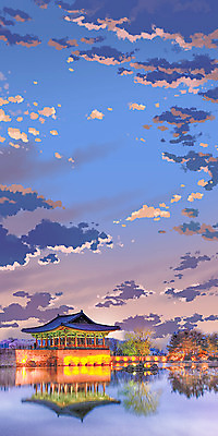 PSD 나무 구름 백그라운드 고건축 일러스트 유적지 하늘 한국 사람없음 건물 강 반사 노을 경주 애니메이션 안압지 국내일러스트 자연요소 식물 건축물 아시아 경주_경상북도 연못 경상북도 파일형식