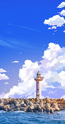 PSD 구름 바다 백그라운드 일러스트 하늘 등대 사람없음 방파제 애니메이션 국내일러스트 자연요소 공공시설 파일형식