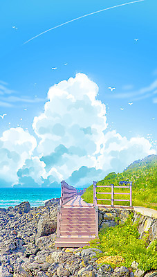 PSD 나무 구름 바다 백그라운드 일러스트 하늘 잔디 사람없음 계단 바위 애니메이션 국내일러스트 자연요소 식물 돌_바위 파일형식