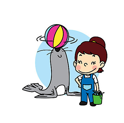 직업 여자 어린이 일러스트 공 직업캐릭터 한명 먹이 물개 직업체험 조련사 일러캐릭터 AI파일 캐릭터 1 포유류 사람 바다동물 체험학습 파일형식 벡터