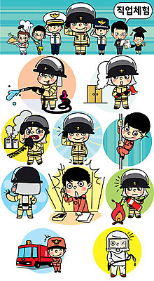 캐릭터 여자 남자 어린이 스티커 유니폼 일러스트 직업캐릭터 여러명 세트 다양 소방관 화재 소방차 소화기 직업체험 출동 일러캐릭터 AI파일 직업 옷 다수 모션 자동차 사람 체험학습 안전장비 구조원 소방 사건 파일형식 벡터