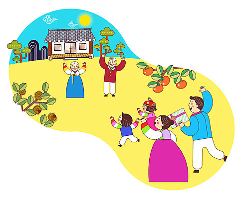 전신 나무 여자 명절 할아버지 노년 남자 할머니 어린이 일러스트 가족 주택 감 선물 여러명 성인 추석 시골 한복 귀성길 추석선물 국내일러스트 AI파일 식물 한국전통 전통 기념일 다수 과일 관계 사람 건물 전통의상 파일형식 벡터 명절선물