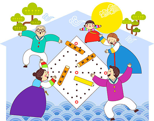 전신 나무 구름 여자 명절 할아버지 남자 딸 할머니 어린이 일러스트 가족 엄마 여러명 성인 추석 보름달 아빠 윷놀이 한복 국내일러스트 AI파일 자연요소 식물 한국전통 전통 기념일 노년 다수 관계 사람 전통놀이 달 전통의상 파일형식 벡터