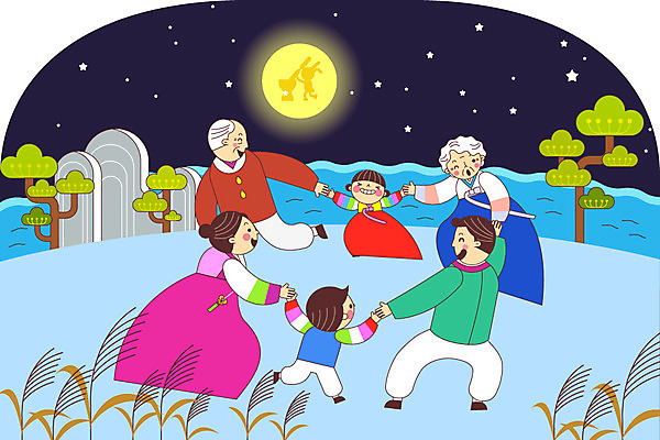 전신 나무 여자 명절 할아버지 노년 남자 할머니 어린이 일러스트 가족 엄마 여러명 성인 추석 보름달 아빠 강가 한복 즐거움 강강술래 국내일러스트 AI파일 식물 한국전통 전통 기념일 감정 다수 관계 사람 강 전통놀이 달 전통의상 파일형식 벡터
