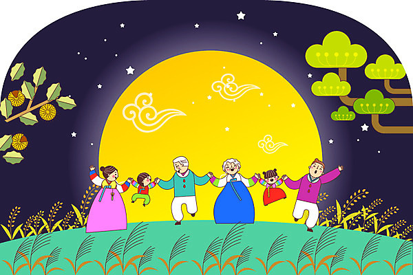 전신 나무 여자 명절 할아버지 노년 남자 할머니 어린이 일러스트 가족 엄마 여러명 성인 추석 손잡기 벼 보름달 아빠 밤송이 한복 국내일러스트 AI파일 식물 한국전통 전통 기념일 다수 관계 모션 곡류 사람 달 밤_견과류 전통의상 파일형식 벡터