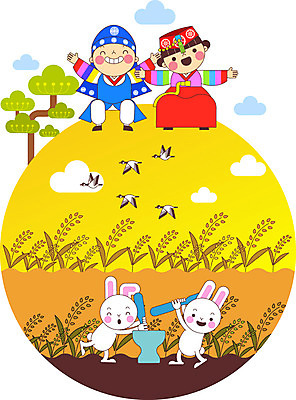 전신 나무 여자 명절 남자 어린이 일러스트 조류 곡류 남매 두명 추석 벼 토끼 한복 절구 떡방아 국내일러스트 AI파일 식물 동물 한국전통 전통 기념일 포유류 가족 사람 반려동물 도구 전통의상 방아 파일형식 벡터