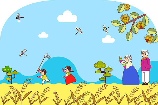 전신 나무 여자 명절 할아버지 노년 남자 할머니 어린이 일러스트 가족 손자 손녀 논 여러명 추석 벼 잠자리 밤송이 한복 즐거움 채집망 국내일러스트 AI파일 식물 한국전통 전통 기념일 감정 다수 곤충 농업 관계 곡류 사람 성인 밤_견과류 전통의상 손주 파일형식 벡터