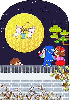 나무 여자 명절 남자 어린이 일러스트 상반신 세명 추석 벼 보름달 토끼 밤송이 한복 절구 떡방아 어린이만 기와담장 국내일러스트 AI파일 식물 한국전통 전통 기념일 포유류 곡류 기와 사람 담장 반려동물 달 도구 밤_견과류 전통의상 방아 파일형식 벡터