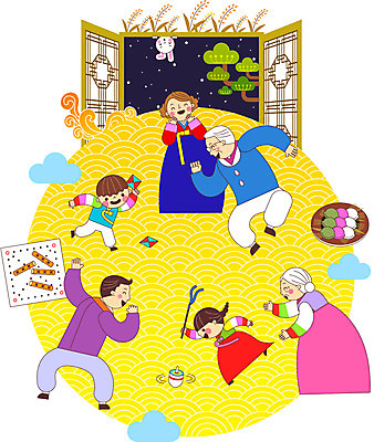 전신 나무 여자 명절 노년 남자 어린이 일러스트 창문 가족 여러명 성인 추석 전통놀이 보름달 토끼 윷놀이 한복 송편 팽이치기 딱지치기 국내일러스트 AI파일 식물 한국전통 전통 기념일 다수 포유류 관계 놀이 떡 사람 반려동물 달 전통의상 파일형식 벡터