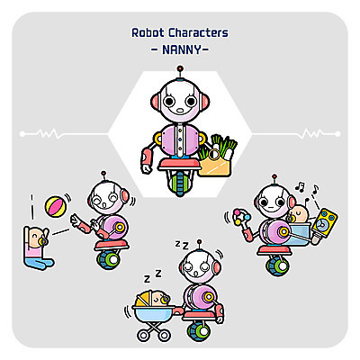캐릭터 일러스트 세명 장보기 세트 아기 잠 로봇 유모차 딸랑이 보모 사물캐릭터 아이돌봄 돌보미 일러캐릭터 AI파일 직업 사람 아기용품 파일형식 벡터 돌봄서비스