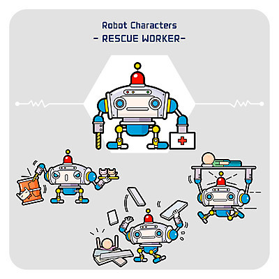 캐릭터 남자 일러스트 두명 세트 고양이 구출 구급상자 구조원 로봇 구조대 사물캐릭터 철골 일러캐릭터 AI파일 직업 포유류 사람 반려동물 의료용품 도움 파일형식 벡터
