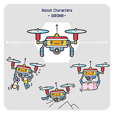 캐릭터 남자 일러스트 두명 세트 카메라 촬영 구출 로봇 택배 드론 사물캐릭터 모빌리티 일러캐릭터 AI파일 교통수단 사람 전자제품 운송업 도움 파일형식 벡터
