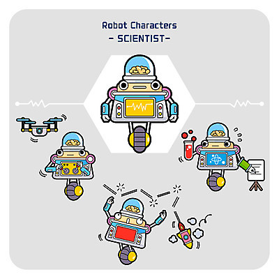 캐릭터 일러스트 실험 사람없음 세트 로켓 기록 로봇 과학자 물약 드론 사물캐릭터 원격조종 추락사 일러캐릭터 AI파일 직업 과학 약 죽음 학자 파일형식 벡터