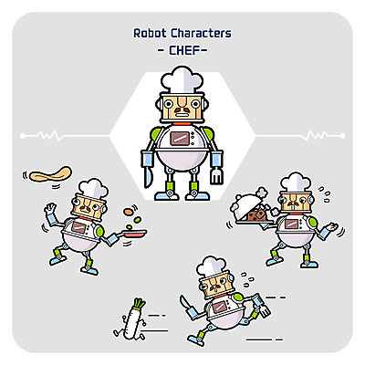 캐릭터 음식 일러스트 요리 사람없음 세트 달리기 요리사 치킨 무 로봇 태움 사물캐릭터 일러캐릭터 AI파일 직업 모션 뿌리채소 닭고기요리 파일형식 벡터