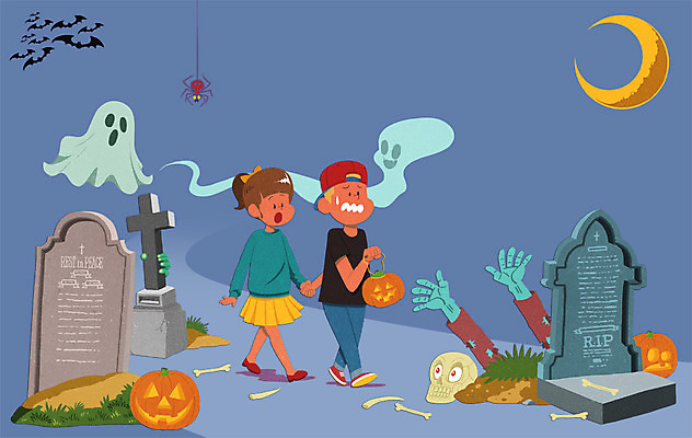 전신 PSD 여자 남자 어린이 일러스트 해골 두명 할로윈 무덤 공동묘지 유령 초승달 비석 잭오랜턴 좀비 국내일러스트 뼈 사람 달 파일형식