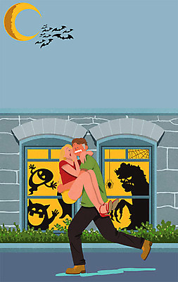 전신 PSD 커플 여자 남자 일러스트 안기 성인 두명 건물 할로윈 유령 초승달 공포 박쥐 몬스터 국내일러스트 건축물 포유류 관계 모션 사람 달 파일형식