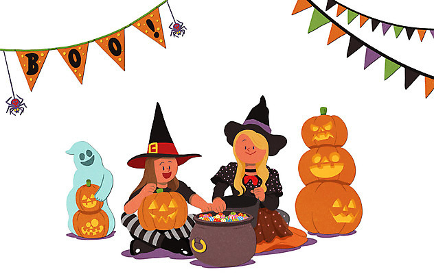 전신 PSD 여자 어린이 일러스트 사탕 두명 할로윈 항아리 유령 솥 가랜드 잭오랜턴 여자만 국내일러스트 주방용품 디저트 사람 도자기 파티용품 파일형식