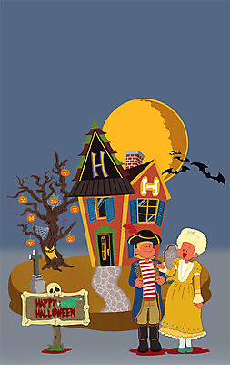 전신 PSD 나무 여자 남자 어린이 일러스트 주택 두명 할로윈 보름달 박쥐 변장 어린이만 국내일러스트 식물 포유류 사람 건물 달 파일형식