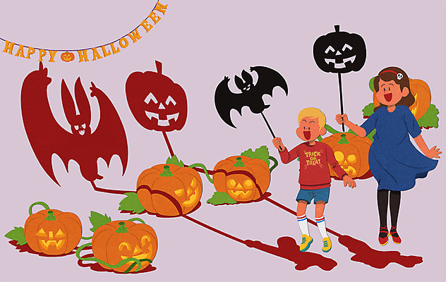 전신 PSD 여자 남자 어린이 일러스트 그림자 두명 할로윈 박쥐 가랜드 그림자놀이 잭오랜턴 어린이만 국내일러스트 포유류 놀이 사람 파티용품 파일형식