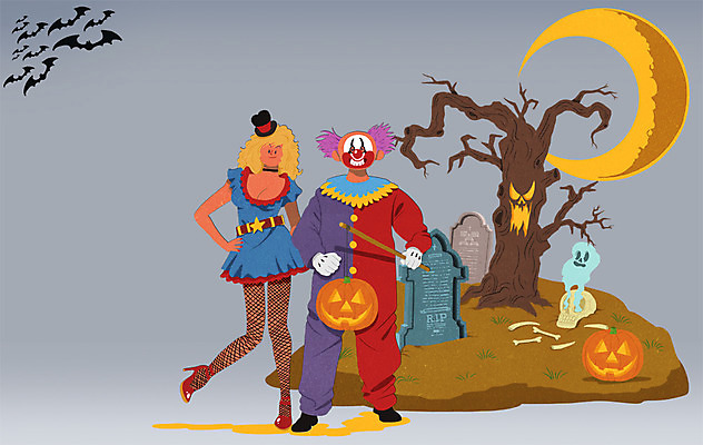 전신 PSD 나무 여자 남자 일러스트 성인 두명 할로윈 무덤 묘 공동묘지 초승달 비석 변장 잭오랜턴 코스프레 국내일러스트 식물 사람 달 파일형식