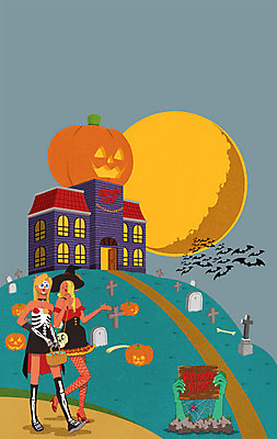 전신 PSD 여자 일러스트 주택 성인 두명 할로윈 보름달 무덤 박쥐 변장 잭오랜턴 성인여자만 국내일러스트 포유류 사람 건물 달 여자만 성인만 파일형식