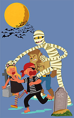 전신 PSD 여자 남자 어린이 일러스트 여러명 성인 할로윈 보름달 무덤 무서움 비석 박쥐 변장 늑대인간 미라 국내일러스트 감정 다수 포유류 사람 달 파일형식