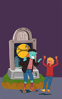 전신 PSD 남자 어린이 일러스트 성인 두명 놀람 할로윈 무덤 공동묘지 무서움 몬스터 프랑켄슈타인 국내일러스트 감정 표정 사람 파일형식