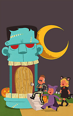 전신 PSD 여자 남자 어린이 일러스트 해골 세명 문 할로윈 초승달 박쥐 변장 몬스터 잭오랜턴 프랑켄슈타인 어린이만 국내일러스트 포유류 뼈 사람 달 파일형식